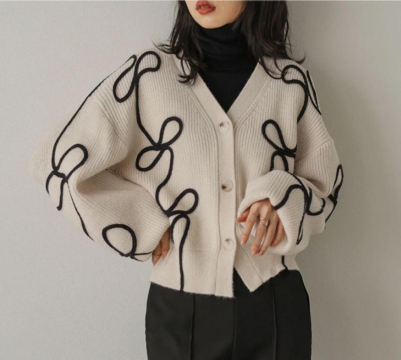 V-Neck Embroidered Button Crop Cardigan Product Image