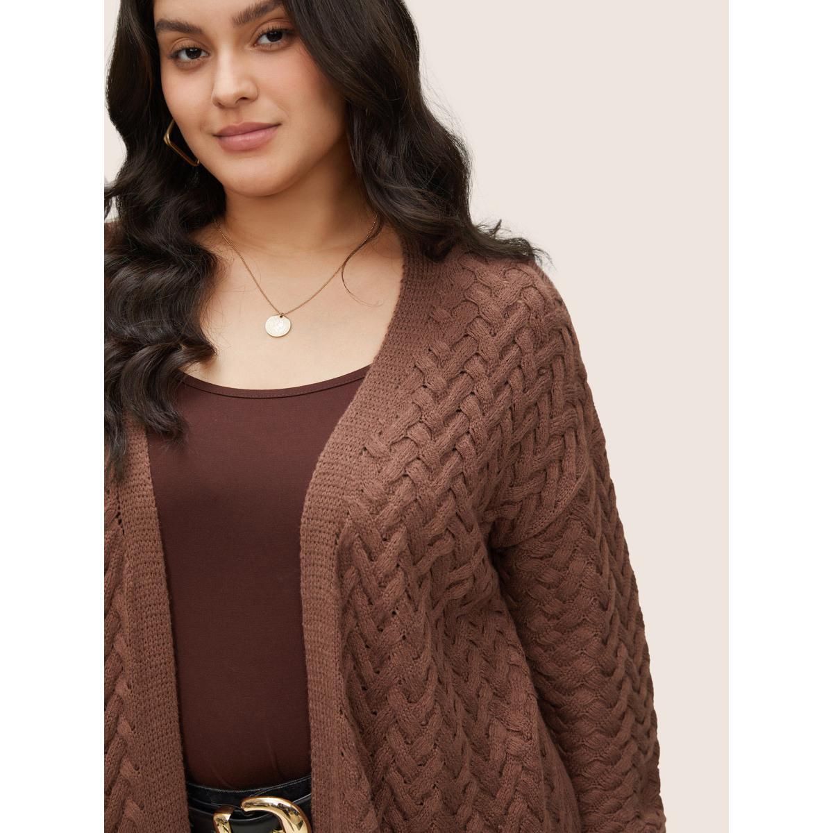 Plus Size Solid Open Front Pocket Crochet Cardigan Burgundy Women Casual Loose Long Sleeve Dailywear Cardigans BloomChic 30/6X Product Image