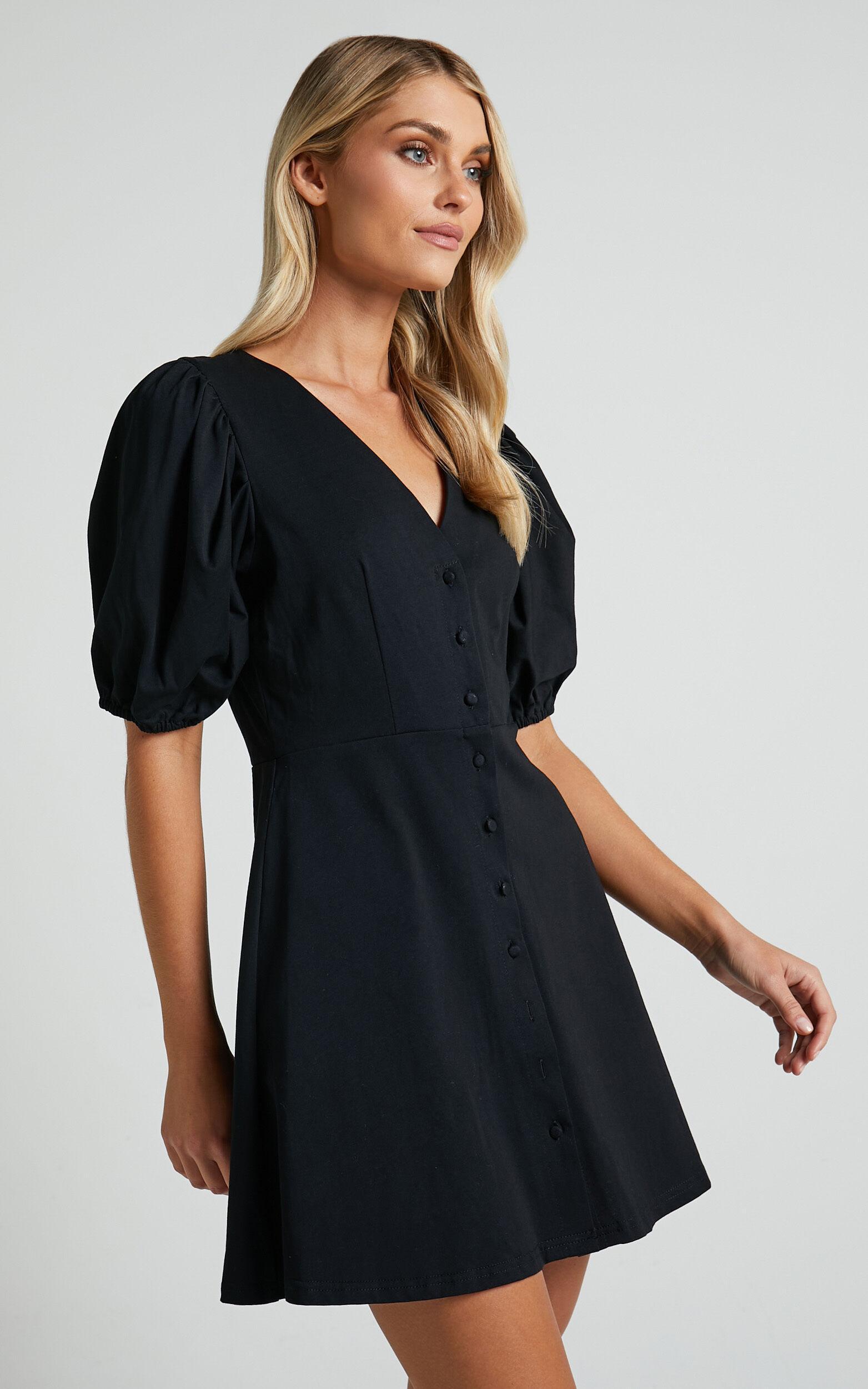 Rochelle Mini Dress - V Neck Button Through Dress in Black Product Image