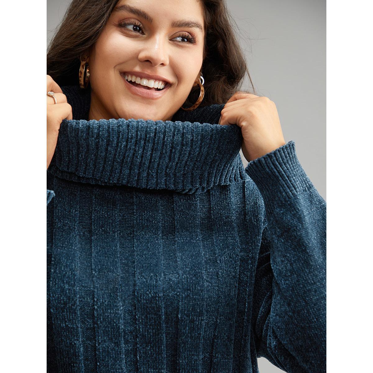 Plus Size Turtle Neck Plain Rib Knit Pullover Cyan Women Casual Long Sleeve Lapel Collar Dailywear Pullovers BloomChic 12/L Product Image