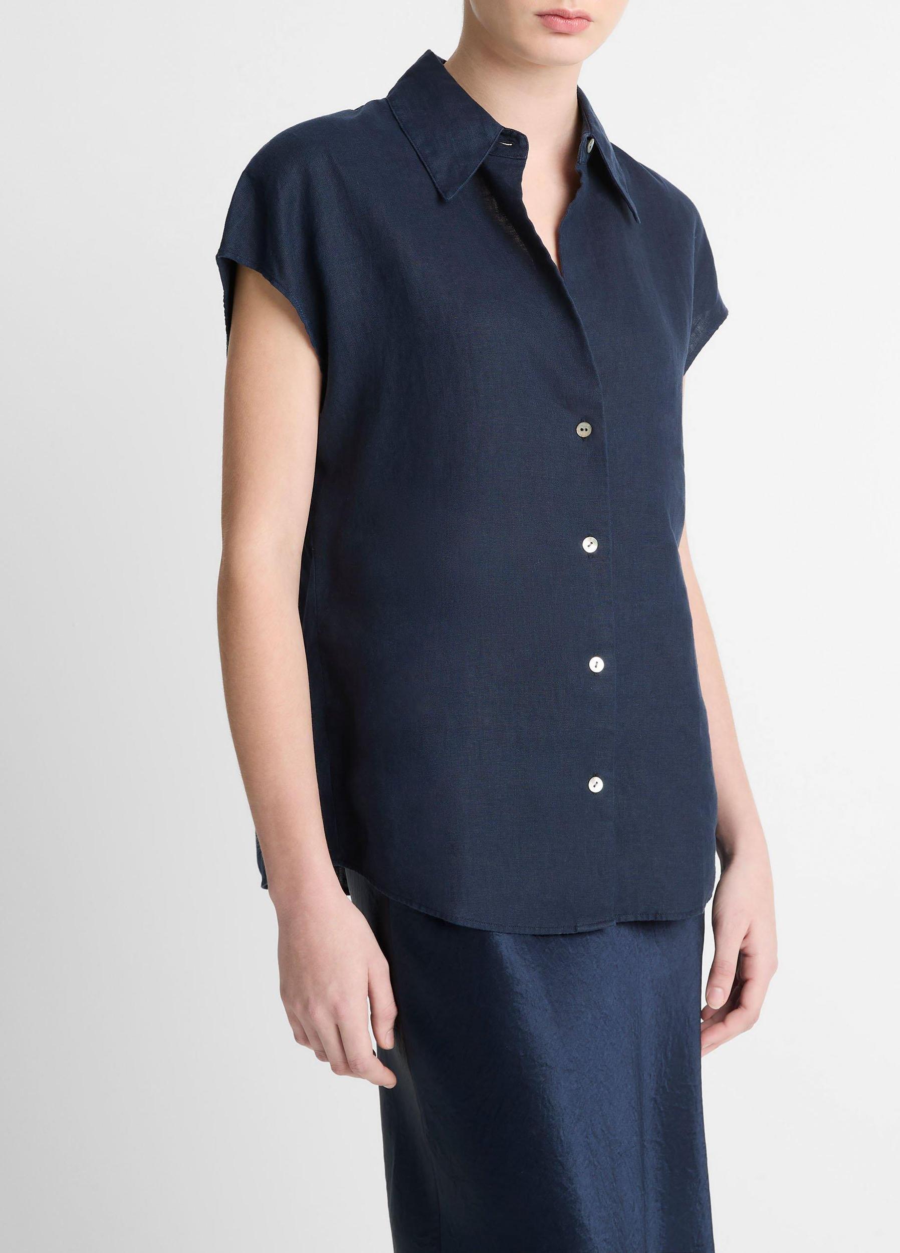 Womens Linen Cap-Sleeve Button-Front Blouse, Sky Mist, Size XXS Vince Product Image