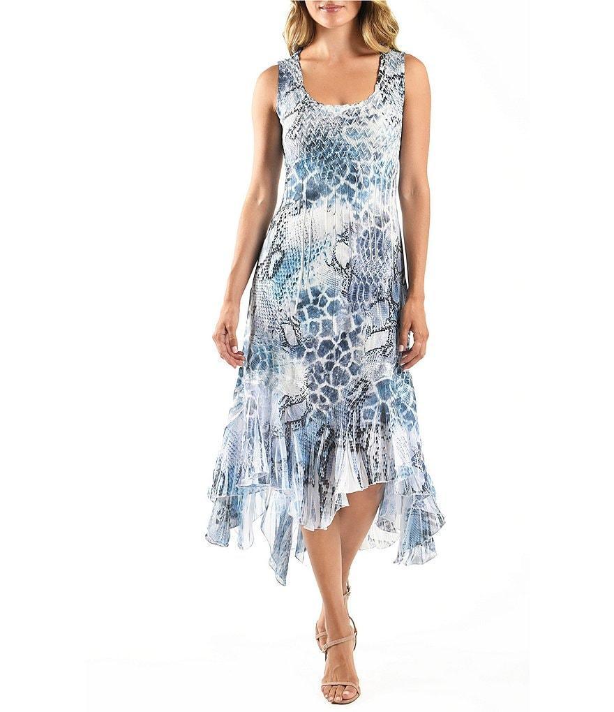 Komarov Charmeuse Chiffon Multi Print Scoop Neck Sleeveless Hanky Hem Fit and Flare Midi Dress Product Image