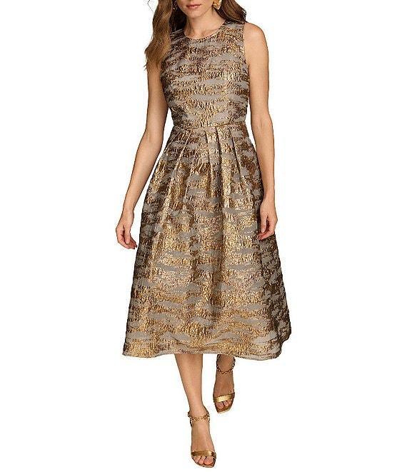 Donna Karan Brocade Crew Neck Sleeveless Metallic A-Line Midi Dress Product Image
