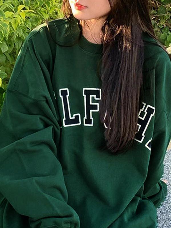 Vintage Green Letter Print Baggy Sweatshirt Product Image