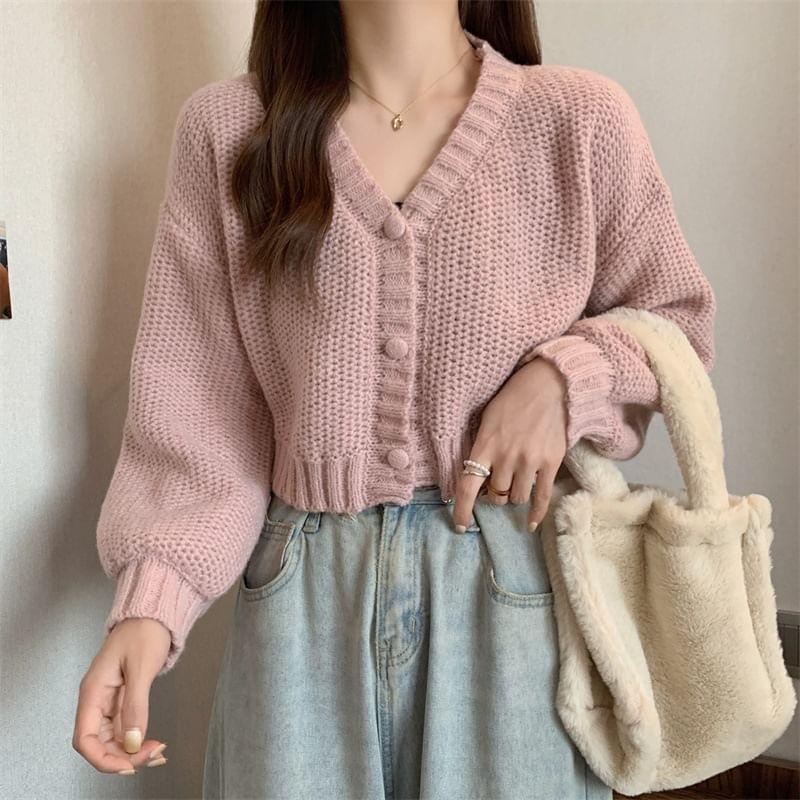 Puff-Sleeve V-Neck Plain Cropped Cardigan Product Image