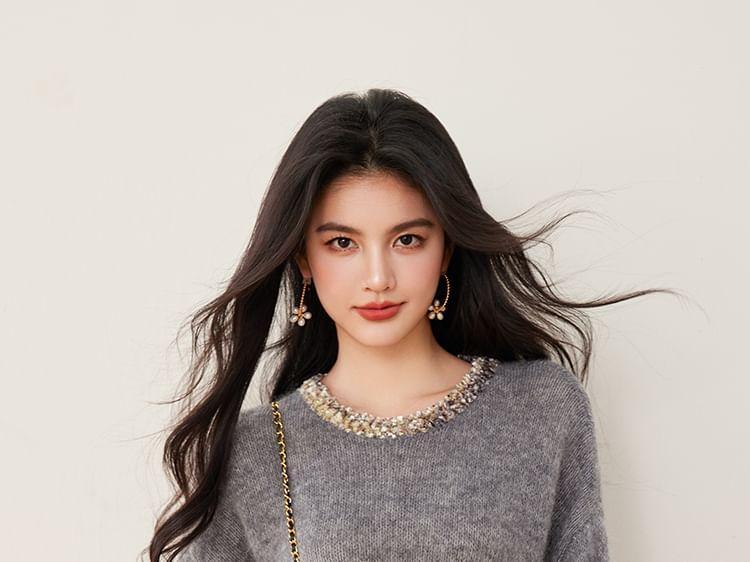 Round Neck Melange Contrast Trim Sweater Product Image