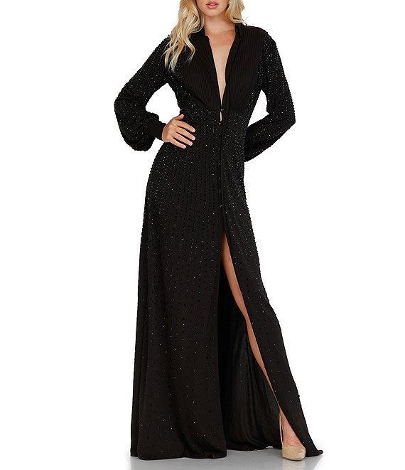 Terani Couture Deep V-Neck Long Sleeve Front Slit Gown Product Image