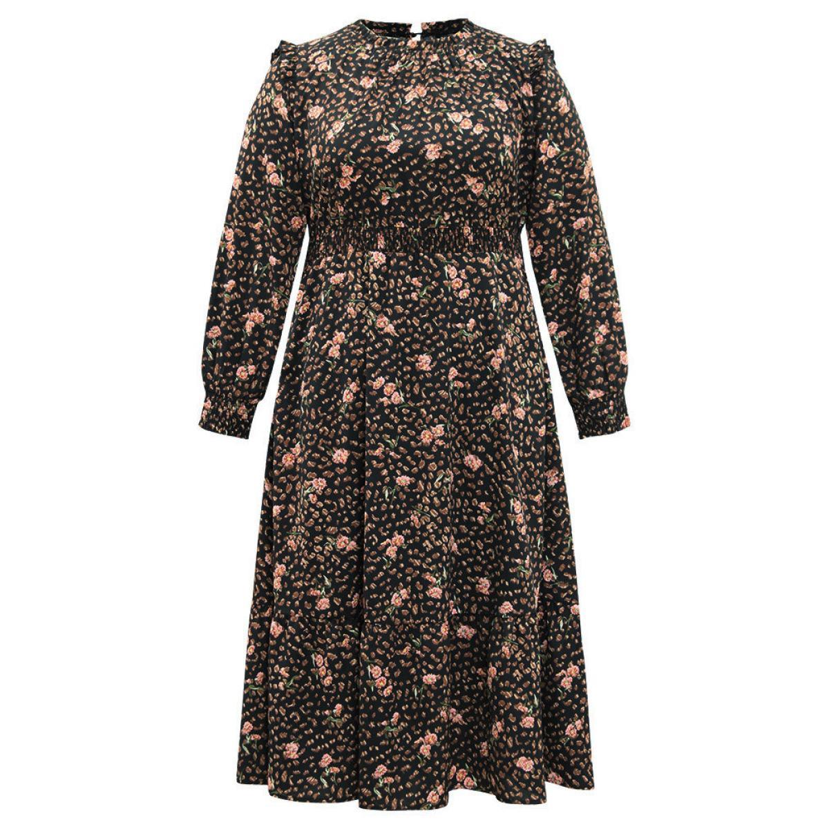 Plus Size Ditsy Floral Shirred Flutter Trim Keyhole Dress Black Women Elegant Printed Mock Neck Long Sleeve Curvy Midi Dress BloomChic 10/M Product Image