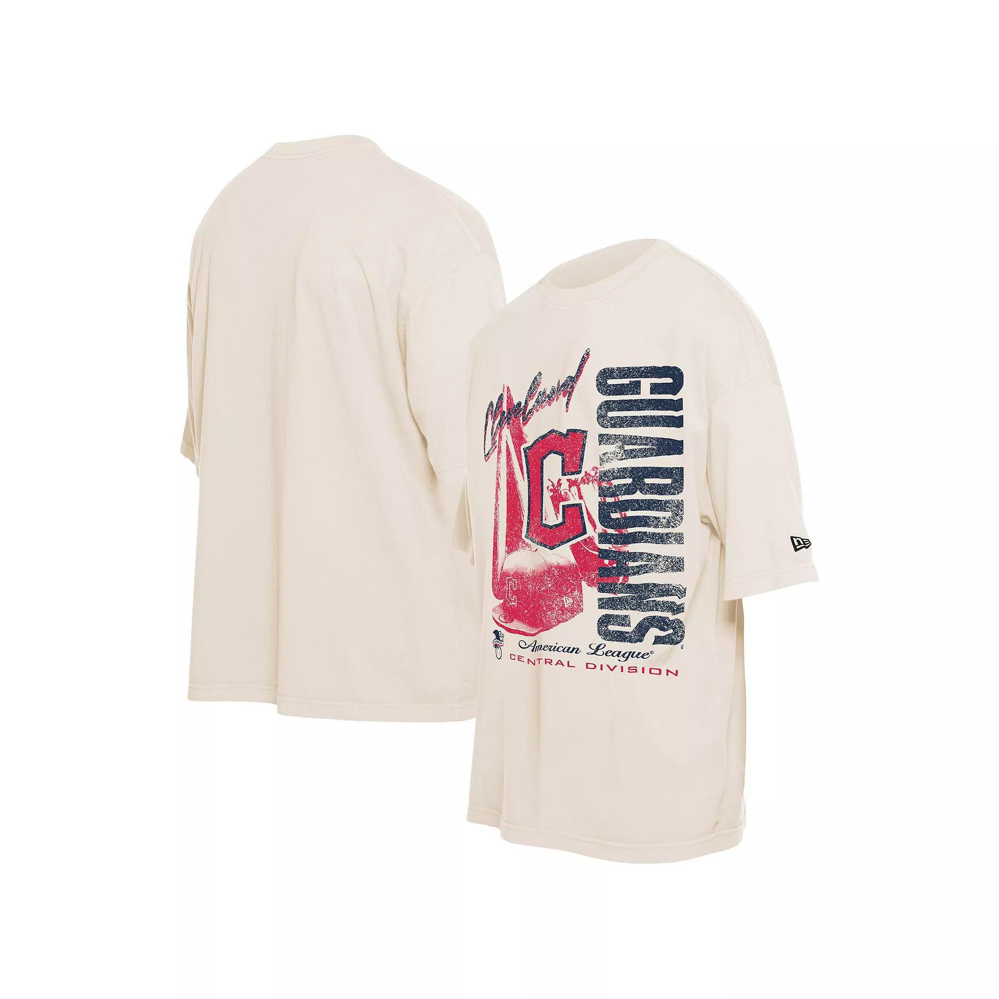 Men's New Era Cream Cleveland Guardians Cooperstown Collection Oversized Throwback Distressed T-Shirt, Size: 2XL, Grd Beige Product Image