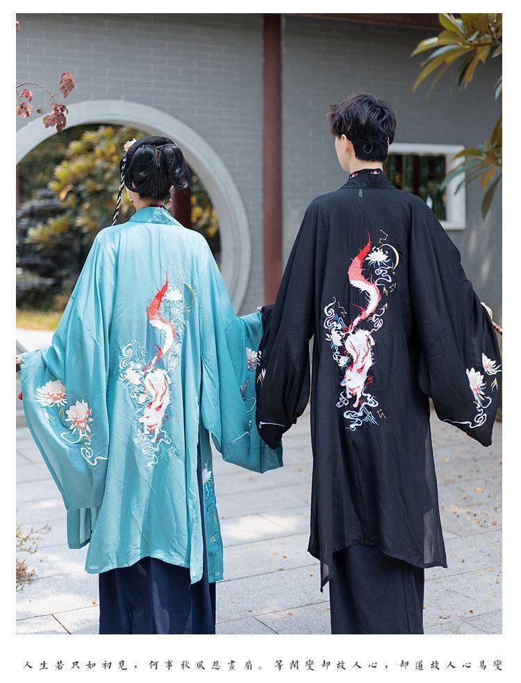 Couple Matching Fox Floral Embroidered Hanfu Jacket / Top / High Waist Maxi A-Line Skirt / Set Product Image