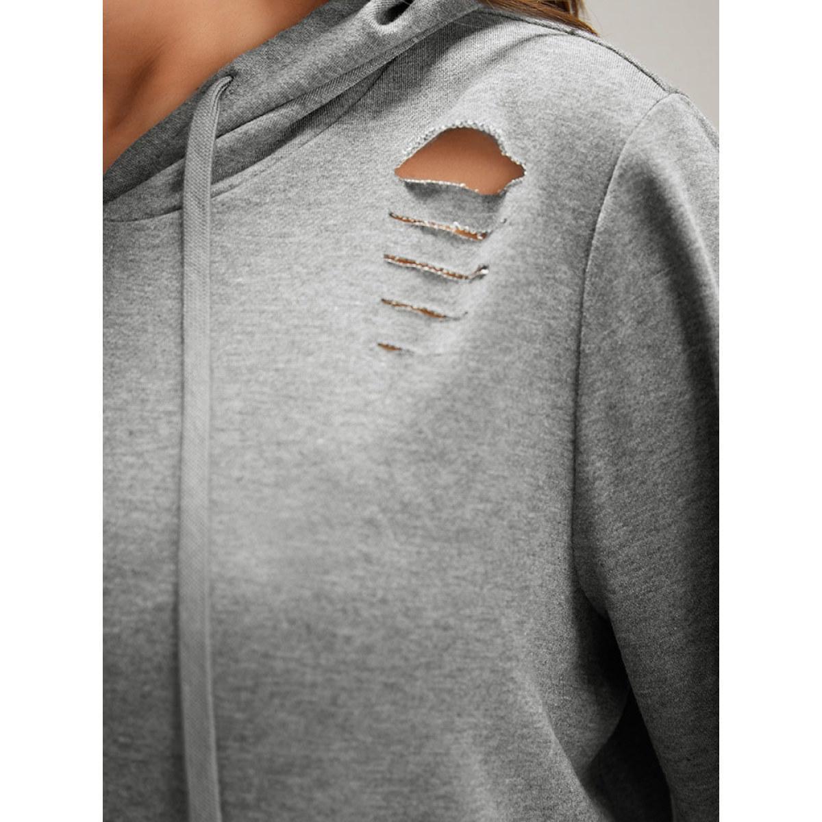 Plus Size Plain Distressed Hooded Drawstring Sweatshirt Women DimGray Casual Elastic cuffs Hooded Dailywear Sweatshirts BloomChic 26/4X Product Image