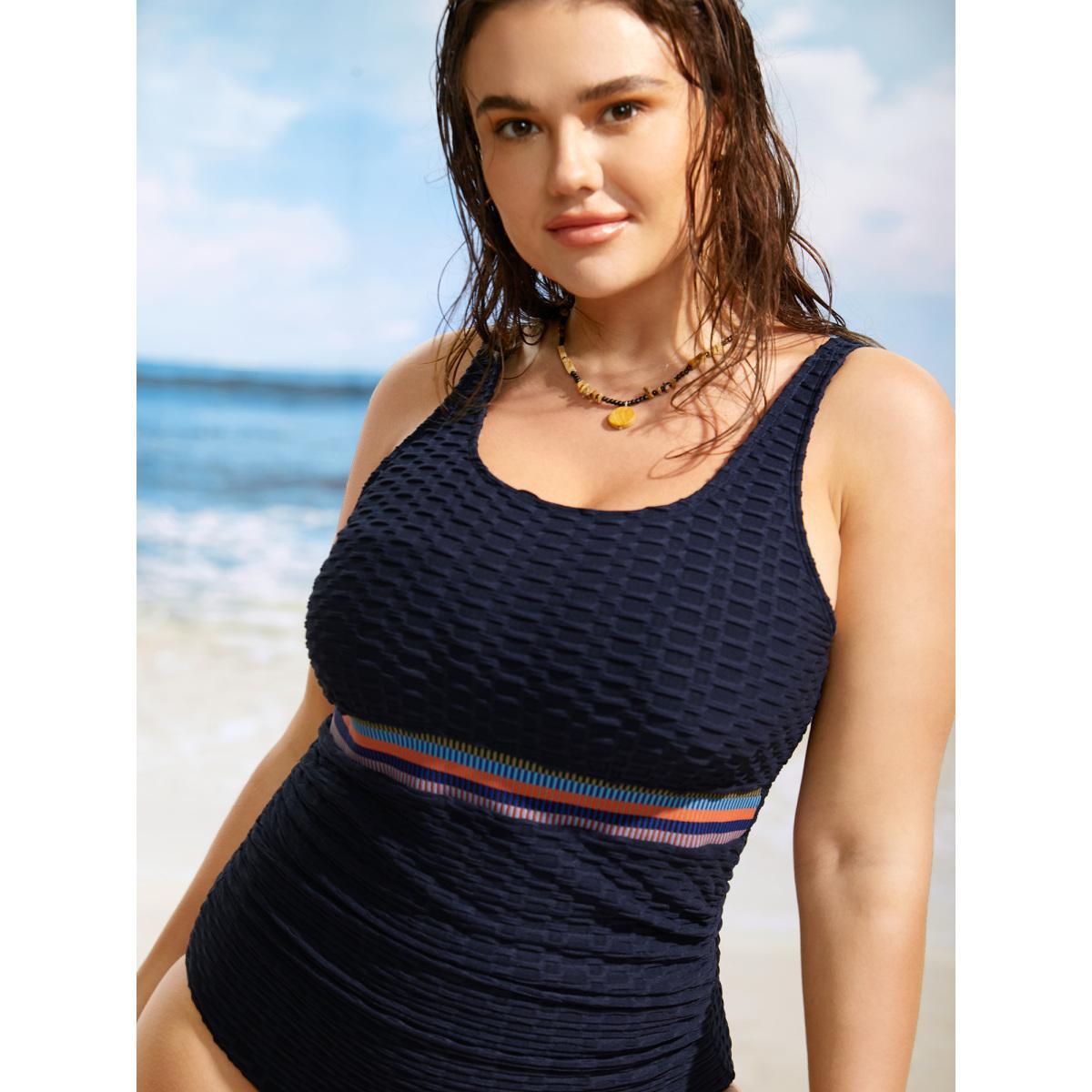 Plus Size U Neck Patchwork Contrast Webbing One Piece Swimsuit Women's Swimwear Midnight Beach Woven ribbon&lace trim Curve Bathing Suits High stretch One Pieces BloomChic 10/M Product Image