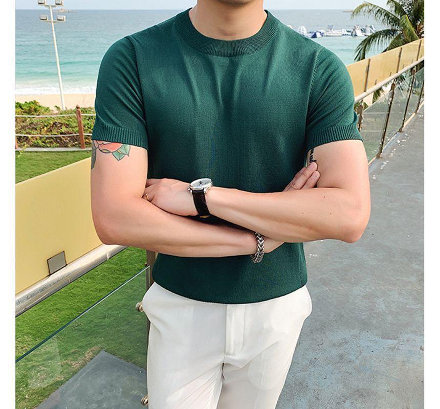 Short-Sleeve Crew Neck Plain Knit Top Product Image