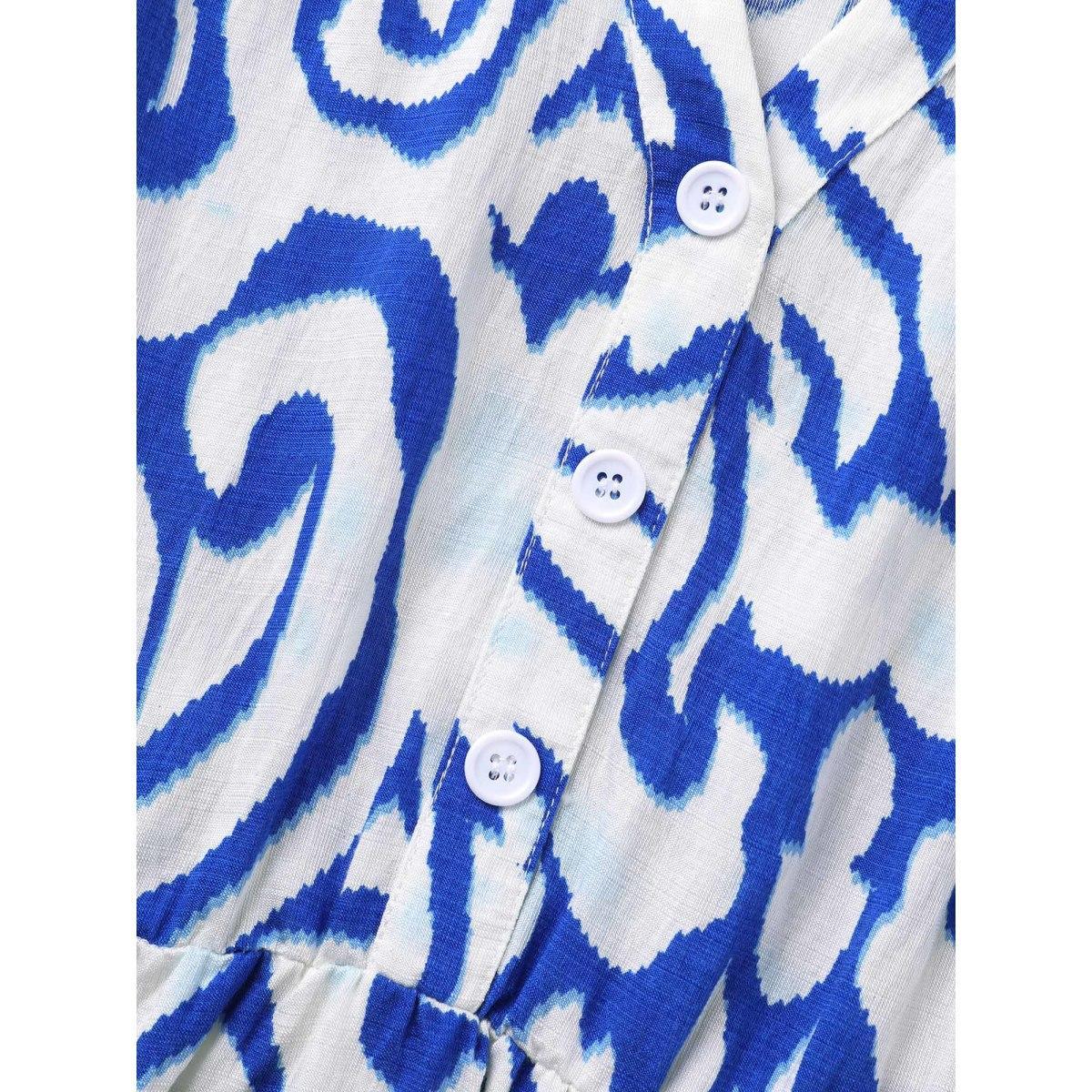Plus Size Boho Print Button Detail Cuffed Sleeve Dress Beige Women At the Office Gathered Shirt collar Short sleeve Curvy BloomChic 18-20/2X Product Image