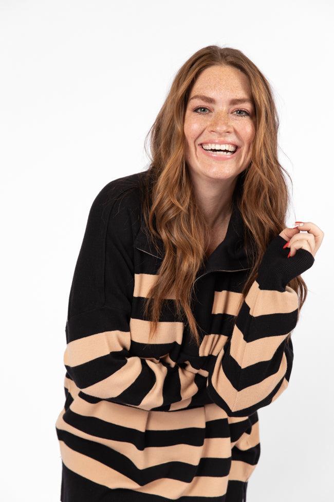 Pulling Heartstrings Black And Tan Striped Quarter Zip Pullover SALE Product Image