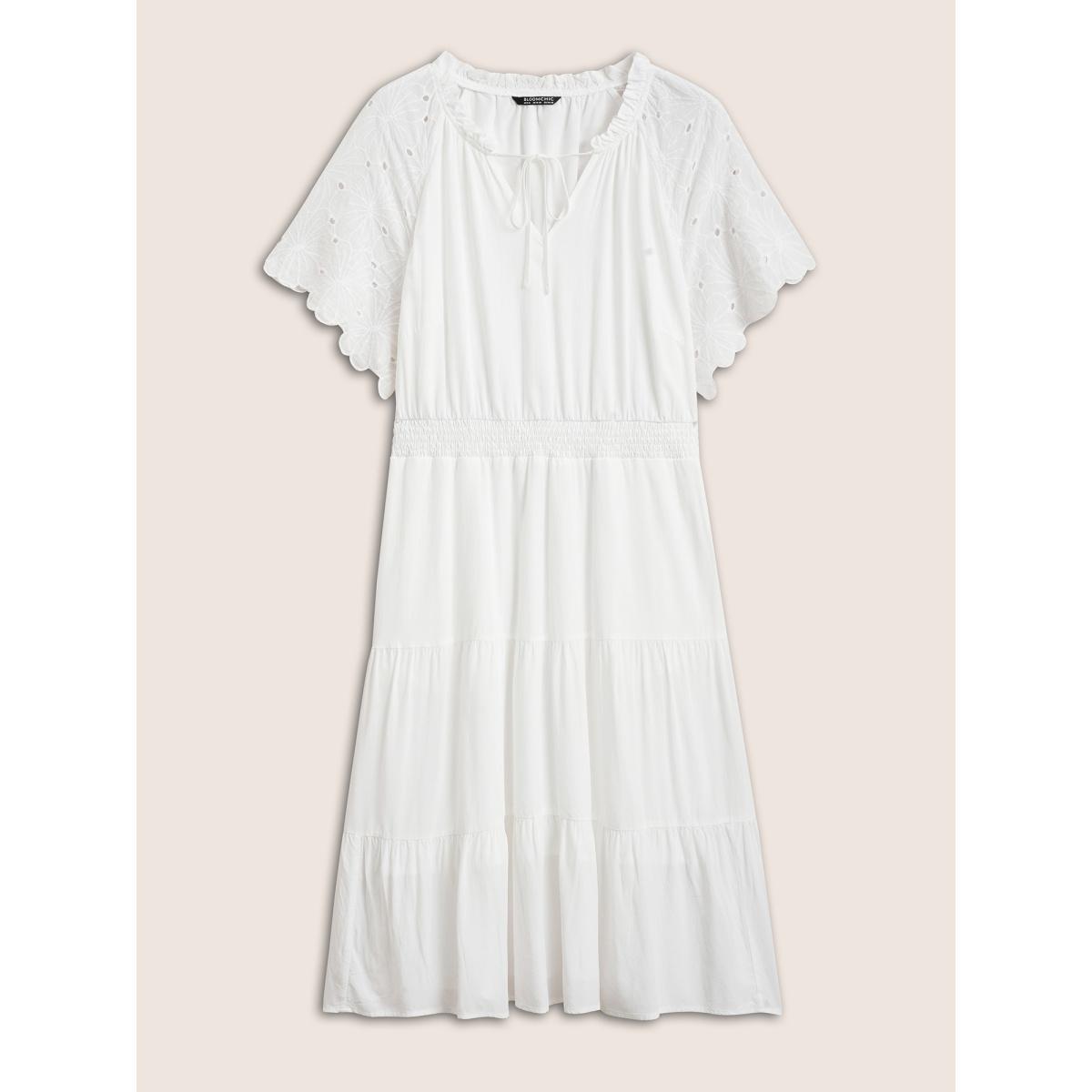 Plus Size Notched Collar Raglan Sleeve Ruffle Layered Hem Dress White Women Resort Tie knot Notched collar Short sleeve Curvy Midi Dress BloomChic 30/6X Product Image