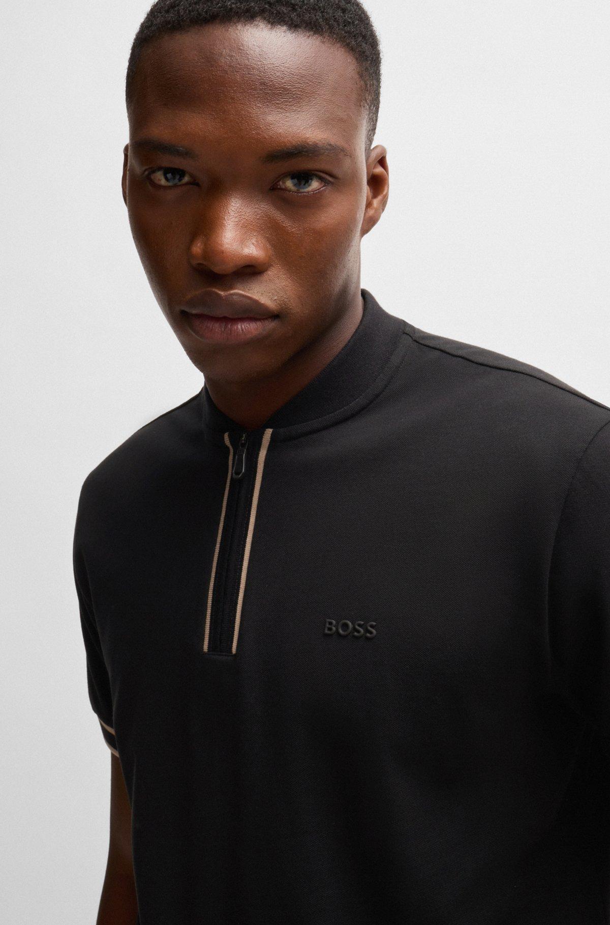 BOSS - Zip-neck polo shirt in stretch-cotton piqué - Black Product Image