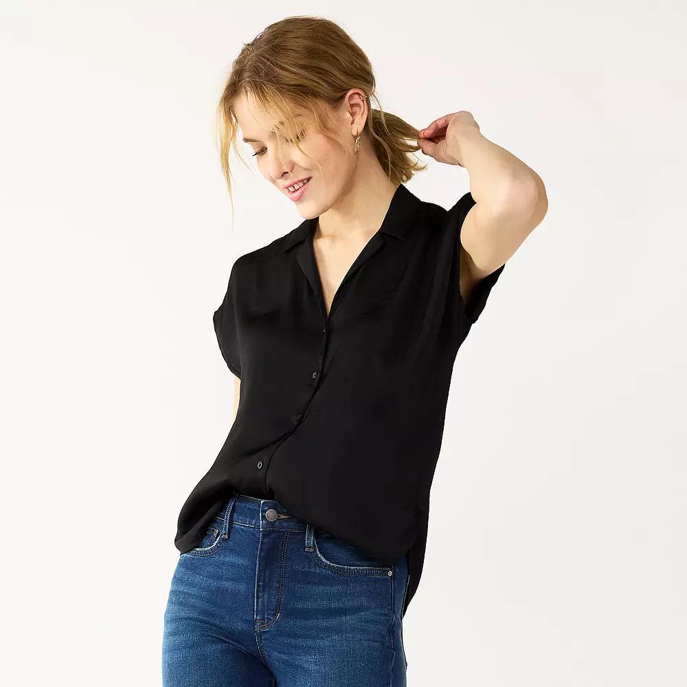 Women's Petite Nine West Short Sleeve Easy Lapel Shirt, Size: XXL Petite, Black Product Image