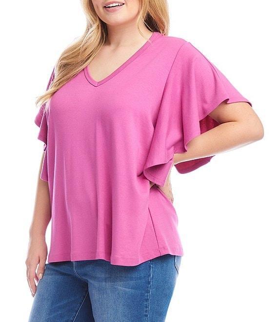 Karen Kane Plus Size Organic Cotton Blend V-Neck Short Flouncy Ruffle Sleeve Top Product Image