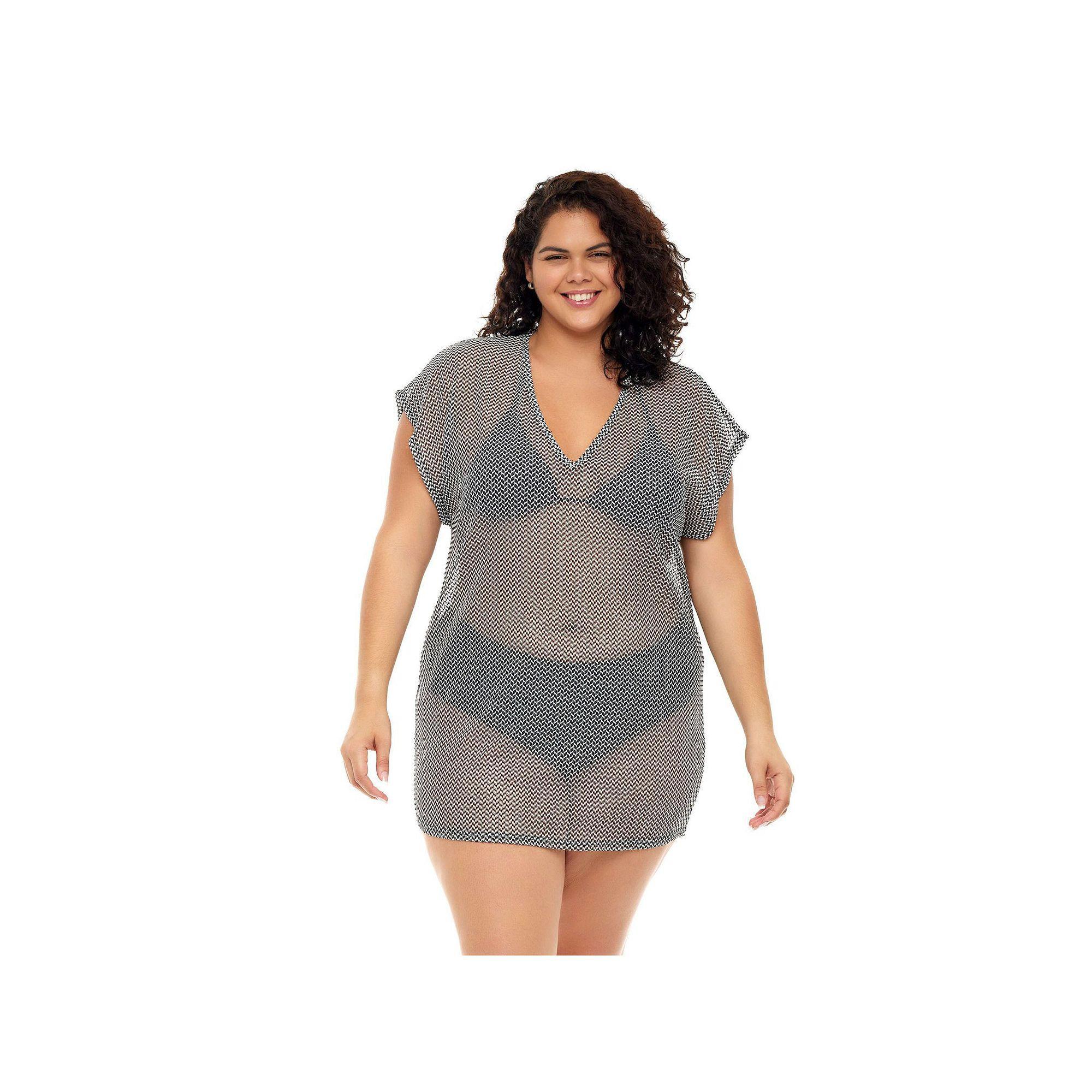Plus Size Jordan Taylor Sheer Dolman-Sleeve Swim Cover-Up Tunic, Women's, Size: 2XL, Black White Product Image