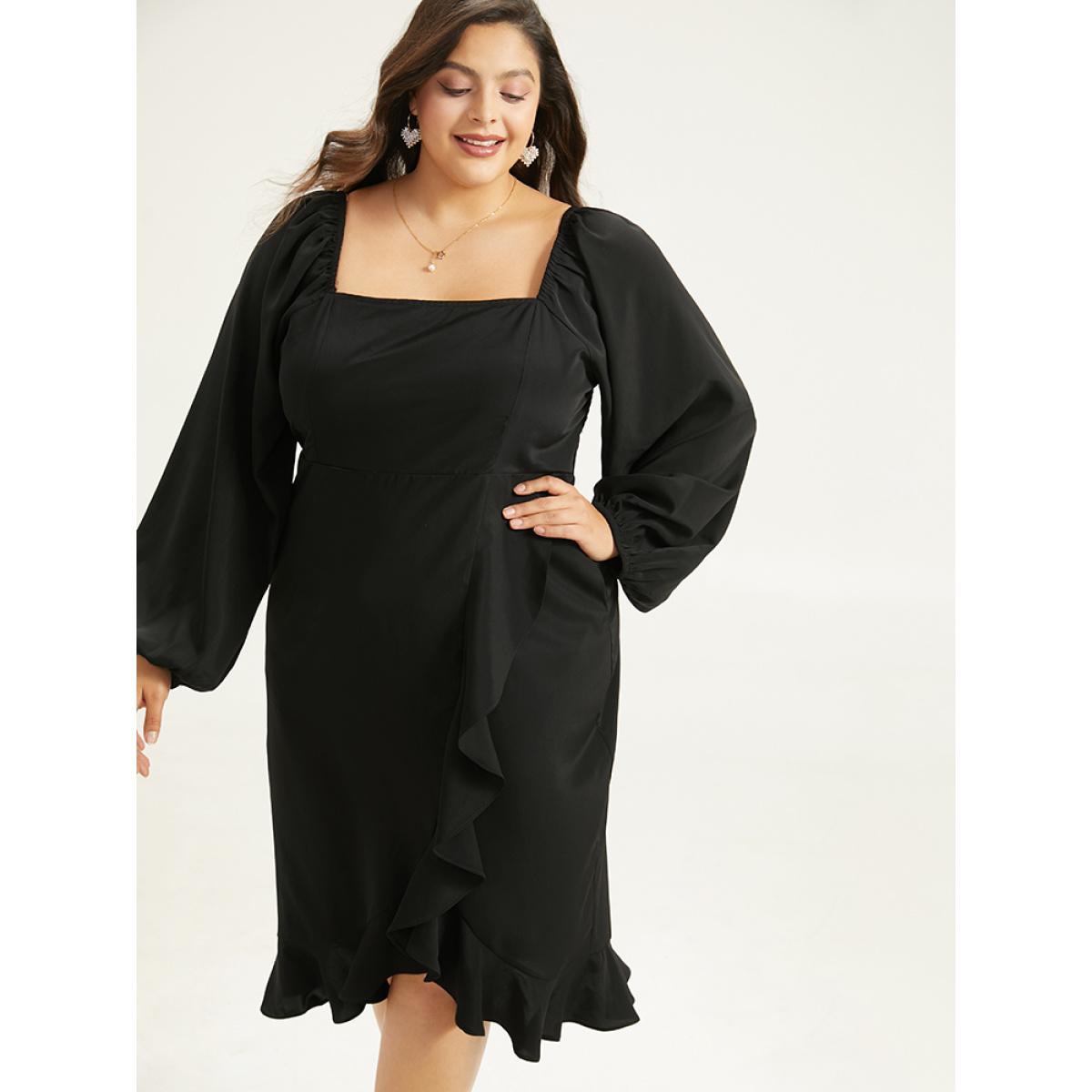 Plus Size Anti-Wrinkle Square Neck Ruffle Trim Wrap Hem Dress Burgundy Women Glamour Elastic cuffs Square Neck Long Sleeve Curvy Midi Dress BloomChic 22-24/3X Product Image