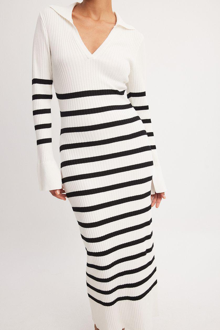 Striped Rib Knitted Trumpet Sleeve Dress Product Image