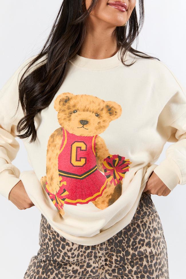 Vintage Red and Gold Cheer Teddy Bear Cream Graphic Sweatshirt Product Image