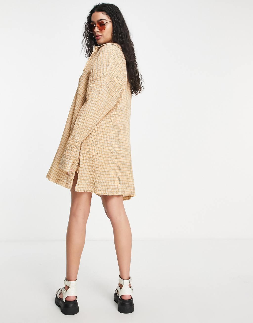 Topshop check crinkle oversize beach shirt in camel  Product Image