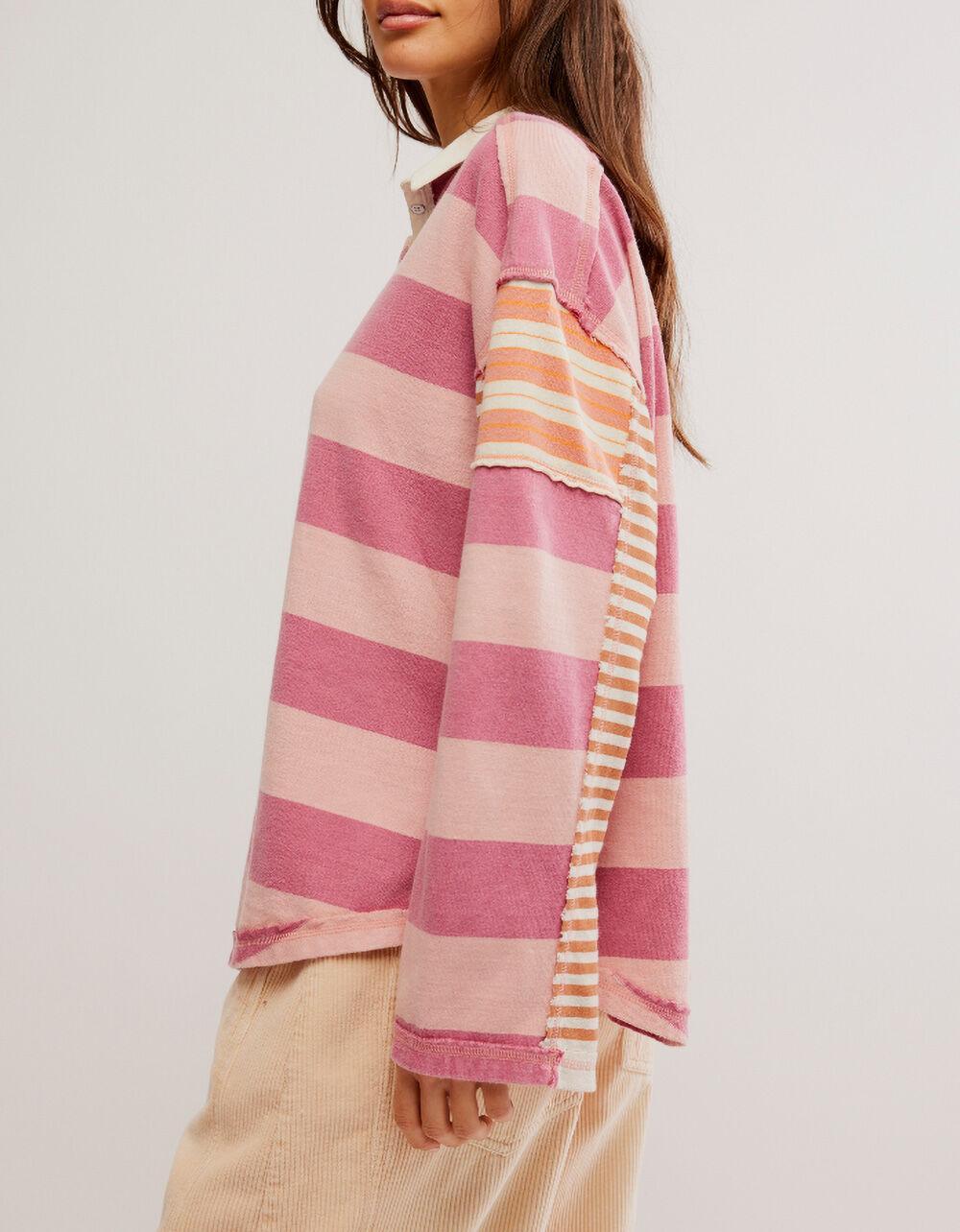 FREE PEOPLE Aster Womens Oversized Stripe Long Sleeve Polo Shirt - PINK COMBO Product Image