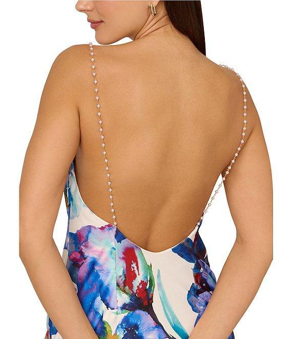 Adrianna by Adrianna Papell Satin Floral Print Cowl Neck Sleeveless Rhinestone Straps Slip Maxi Dress Product Image