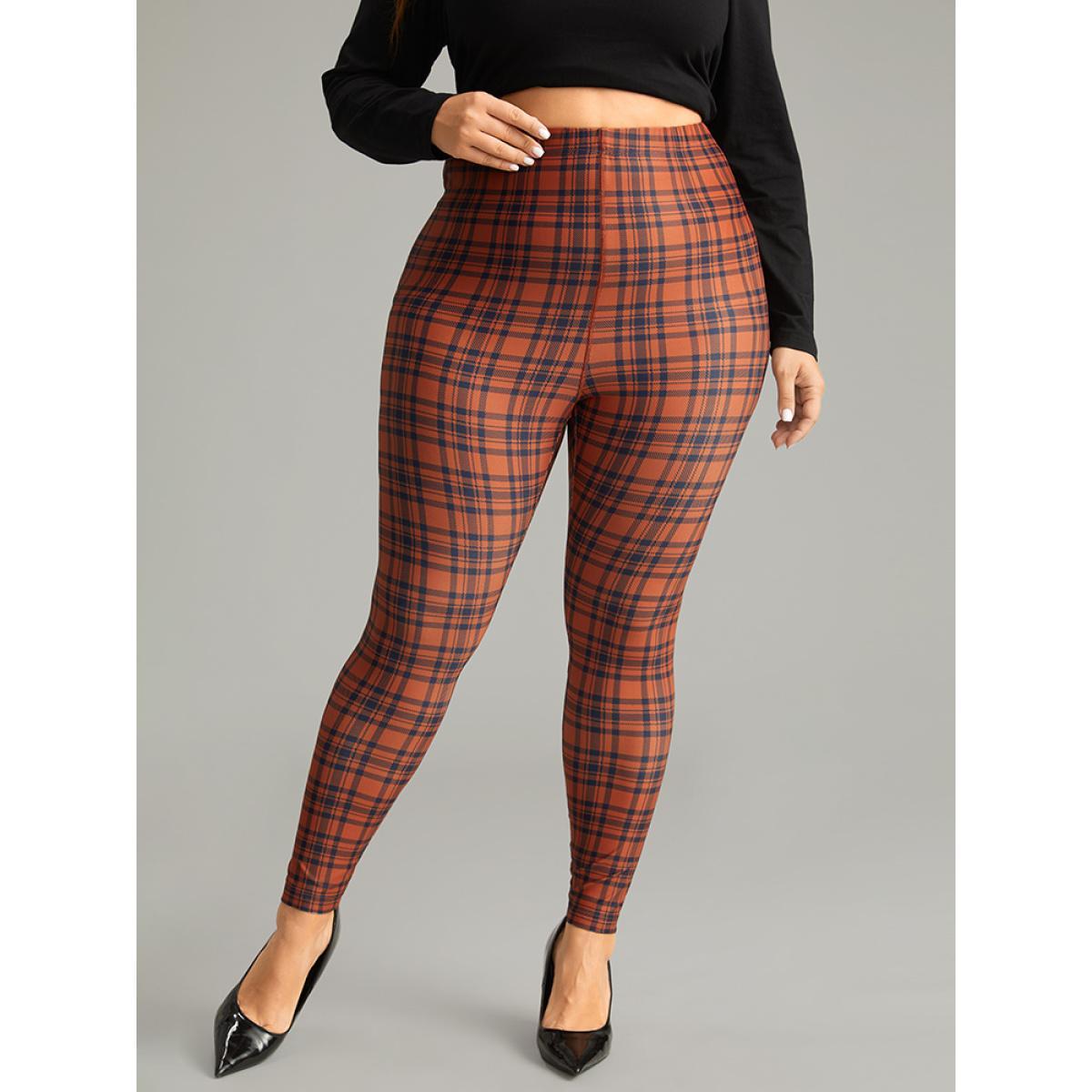 Plus Size Plaid Skinny Elastic Waist Leggings Women Chocolate Elegant High stretch Skinny High Rise Dailywear Leggings BloomChic 12/L Product Image