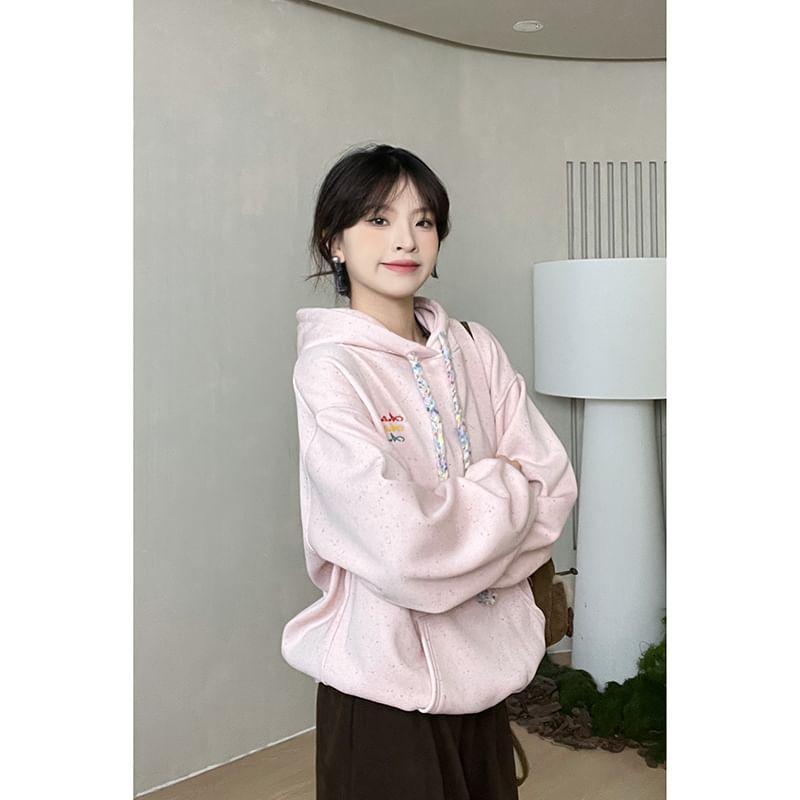 Lettering Embroidered Drawstring Hoodie Product Image