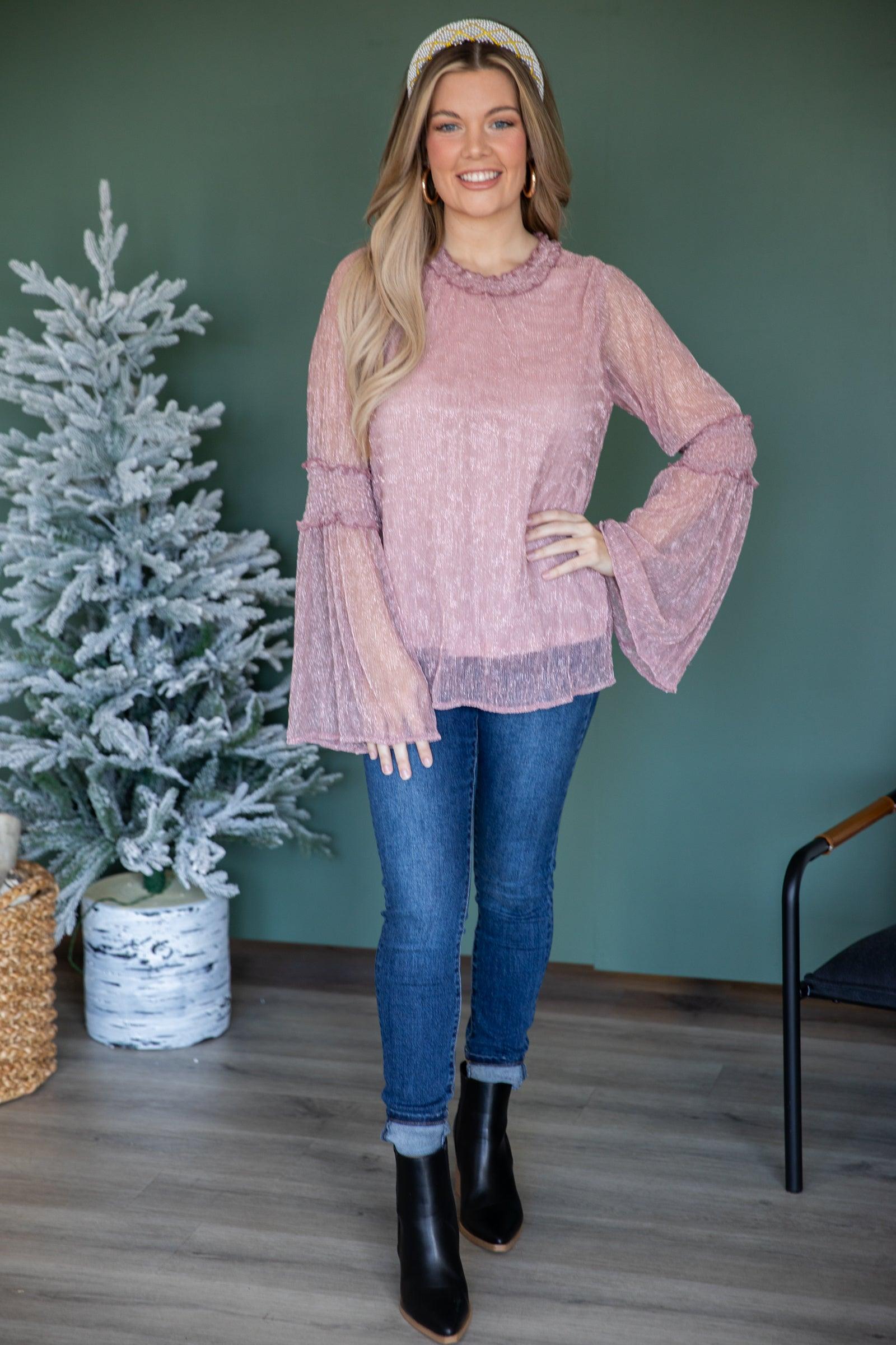 Dusty Rose Metallic Bell Sleeve Top Product Image