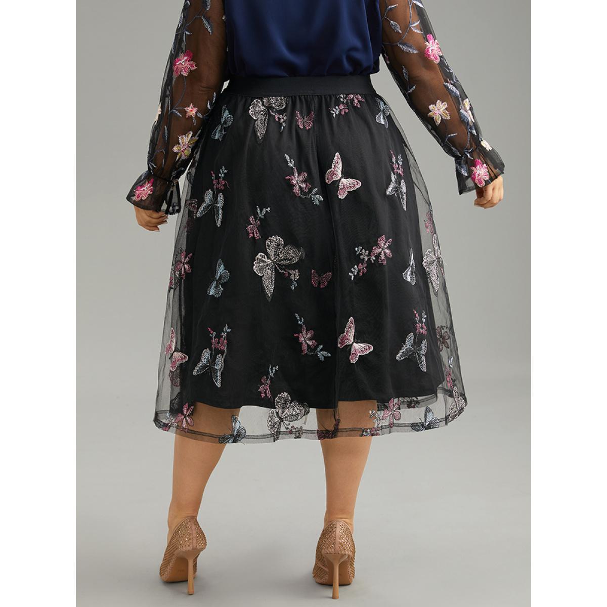 Plus Size Butterfly Embroidered Mesh Elastic Waist Skirt Women Black Party Lace No stretch Pocket Going out Skirts BloomChic 12/L Product Image
