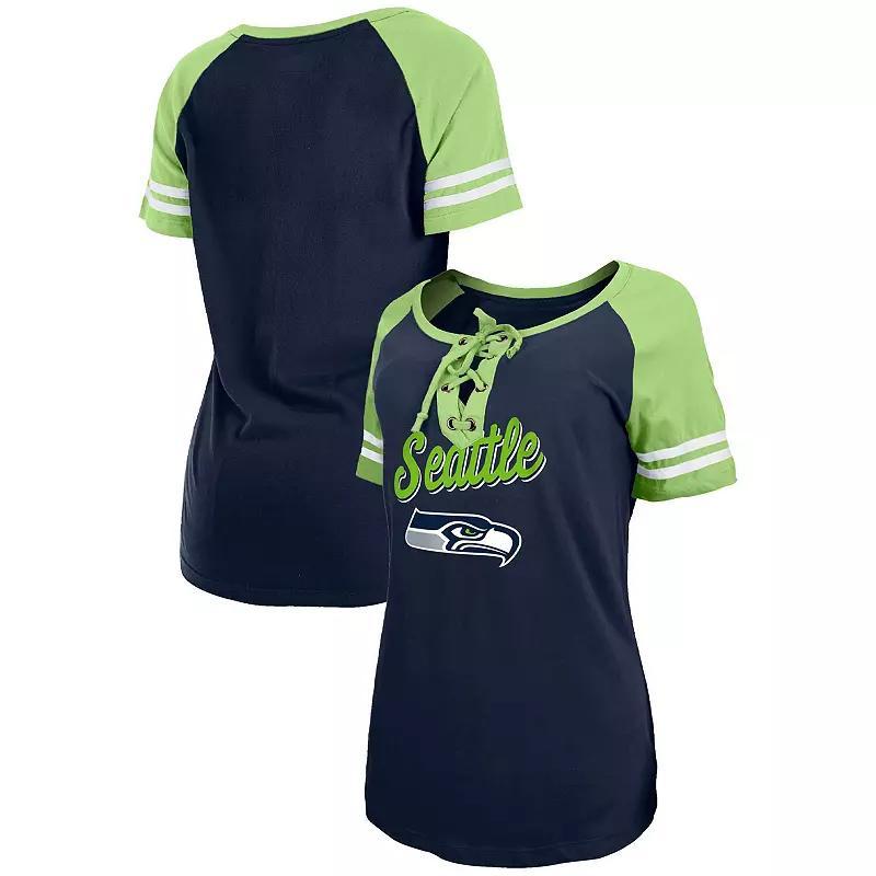 Women's New Era College Navy/Neon Green Seattle Seahawks Lightweight Lace-Up Raglan T-Shirt, Size: XS, Blue Product Image