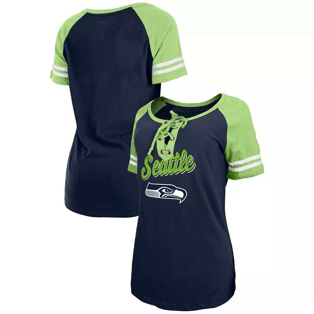 Women's New Era College Navy/Neon Green Seattle Seahawks Lightweight Lace-Up Raglan T-Shirt, Size: XS, Blue Product Image