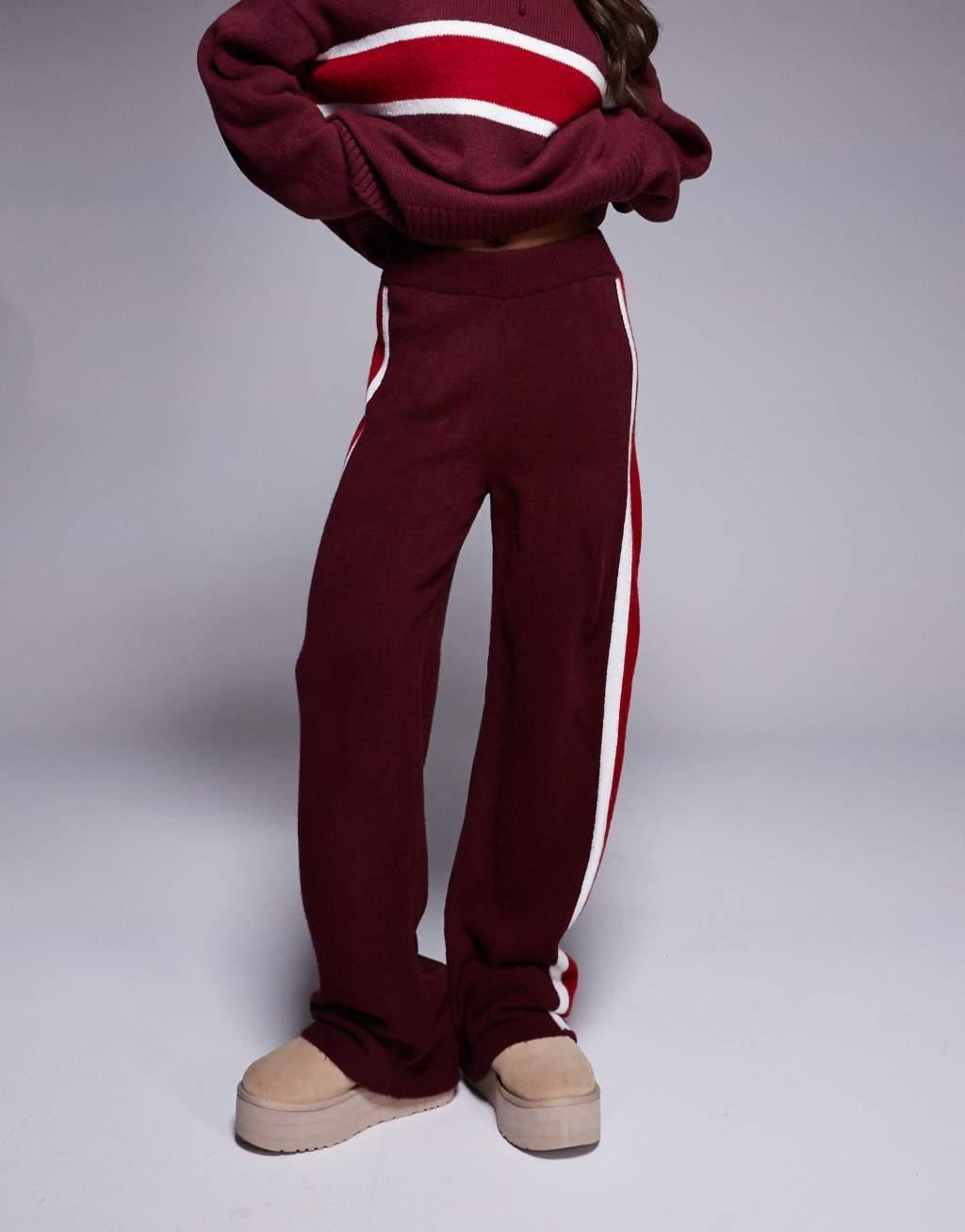 ASOS DESIGN fluffy knit wide leg pants in burgundy - part of a set Product Image