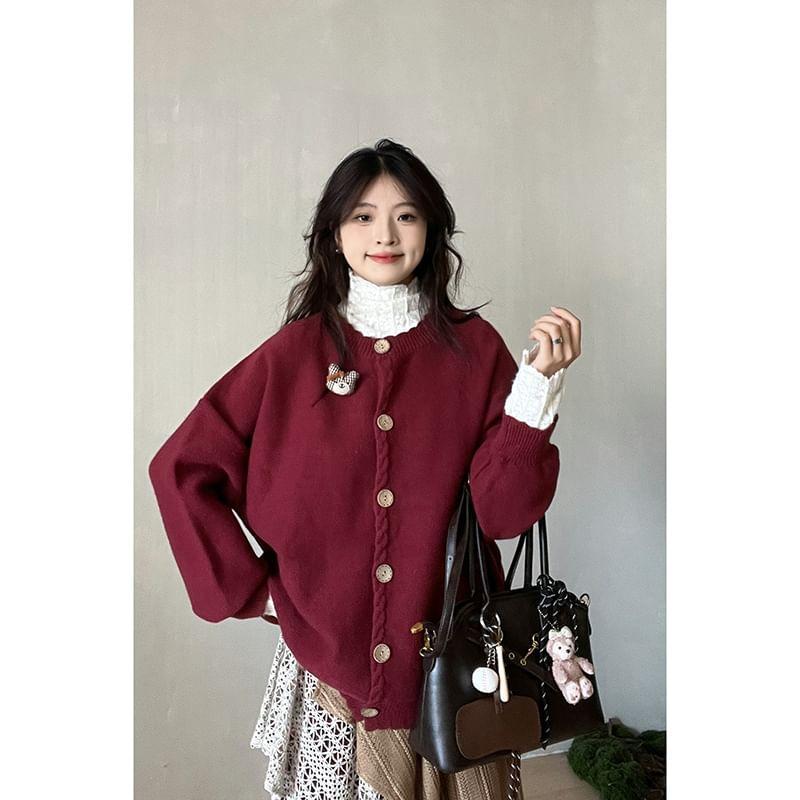 Crew Neck Cartoon Accent Button-Up Cardigan / Plaid Asymmetrical Lace Panel Layered Maxi A-Line Skirt Product Image
