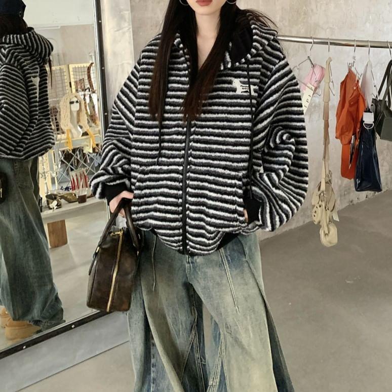 Striped Dog Embroidered Zip-Up Hoodie Product Image