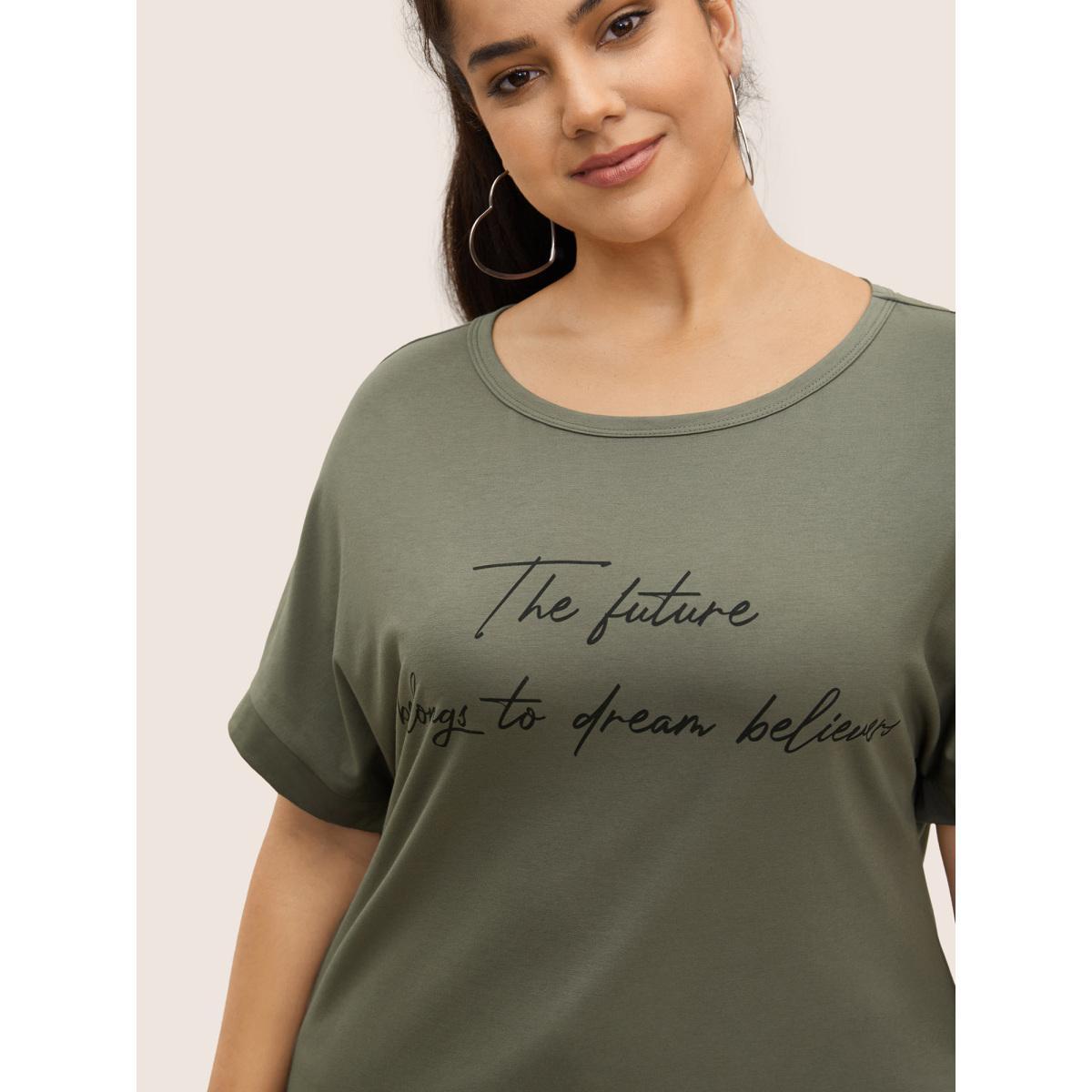 Plus Size Letter Print Dolman Sleeve Curved Hem T-shirt ArmyGreen Women Casual Contrast Round Neck Everyday T-shirts BloomChic 30/6X Product Image
