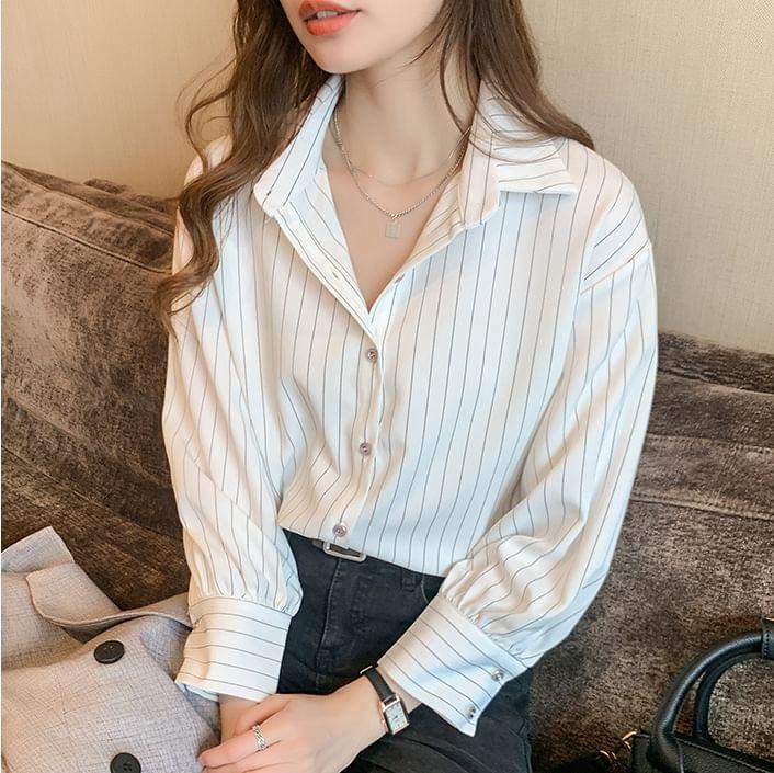3/4-Sleeve Pinstriped Blouse Product Image