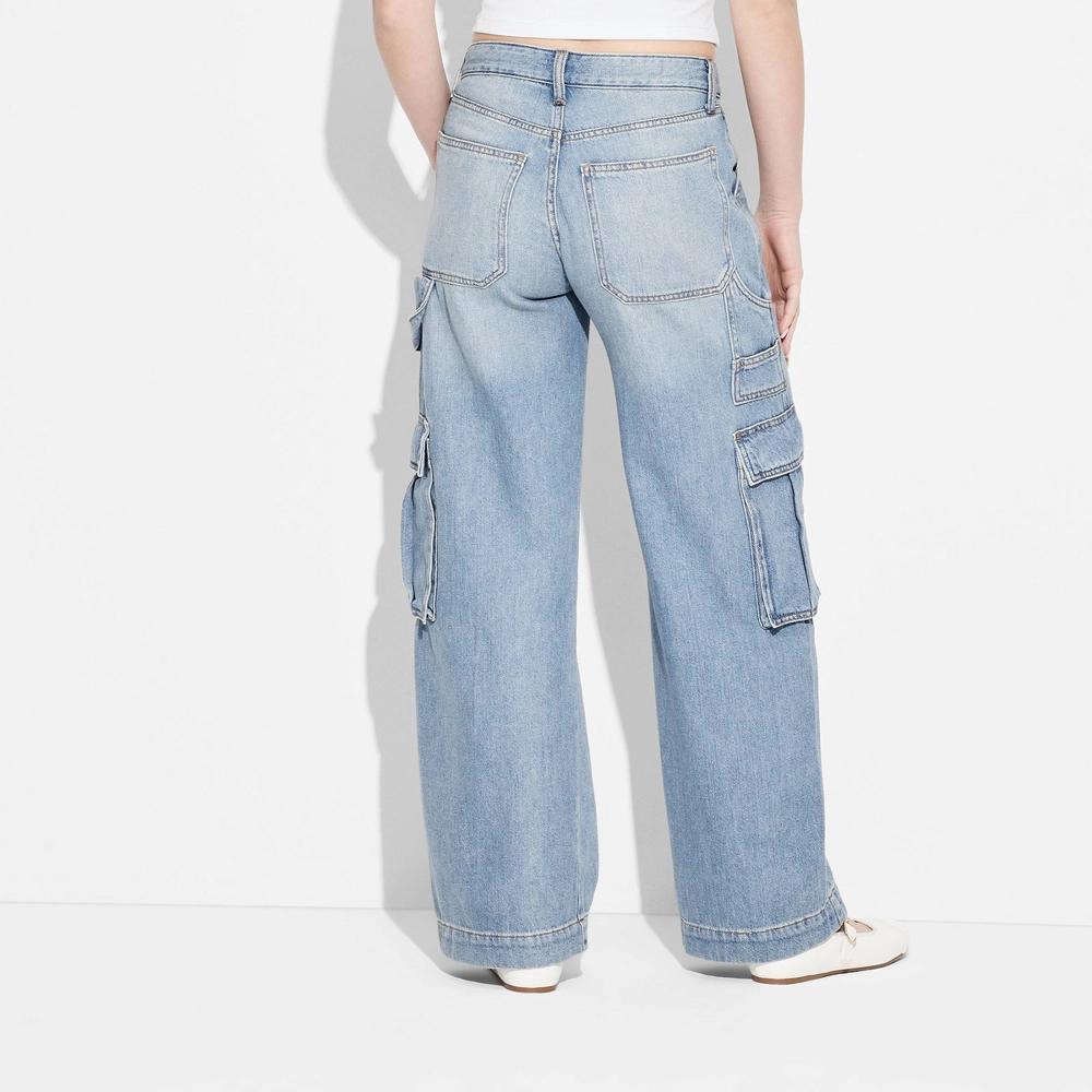 Women's Mid-Rise Wide Leg Cargo Baggy Jeans - Wild Fable™ Medium Wash 2: Relaxed Fit 32" Inseam Product Image