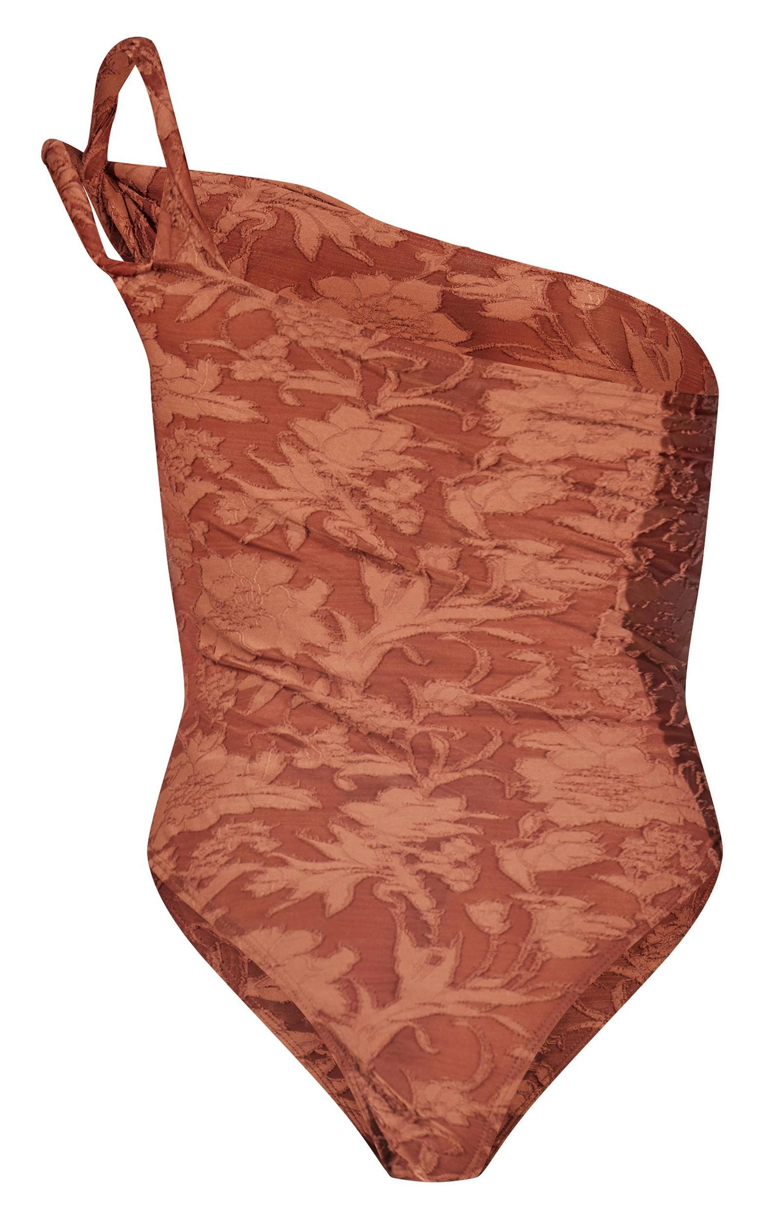 Mocha Floral Sheer Burnout Asymmetric Twist Detail Strap Bodysuit Product Image
