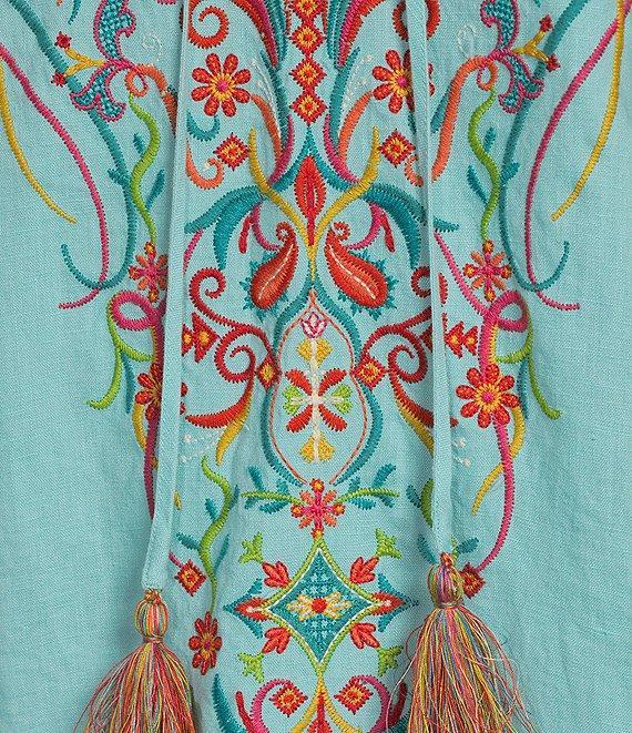John Mark Paisley Print Floral Embroidered Split V-Neck 3/4 Sleeve Frayed Tassel Tie Tunic Product Image