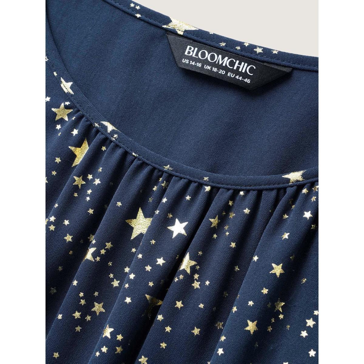Plus Size Glitter Star Split Sleeve Midi Dress DarkBlue Women Elegant Gathered Round Neck Short sleeve Curvy BloomChic 22-24/3X Product Image