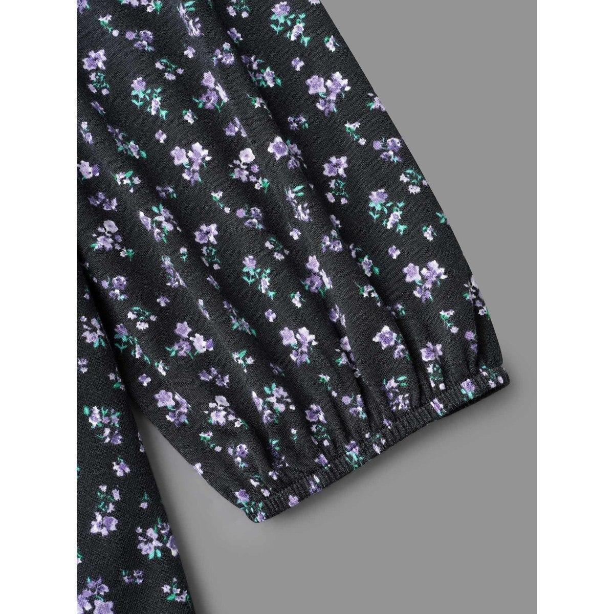Plus Size Square Neck Ditsy Floral Elastic Waist Dress BlackFlower Women Elegant Non Knit Dresses Bloomchic 22-24/3X Product Image
