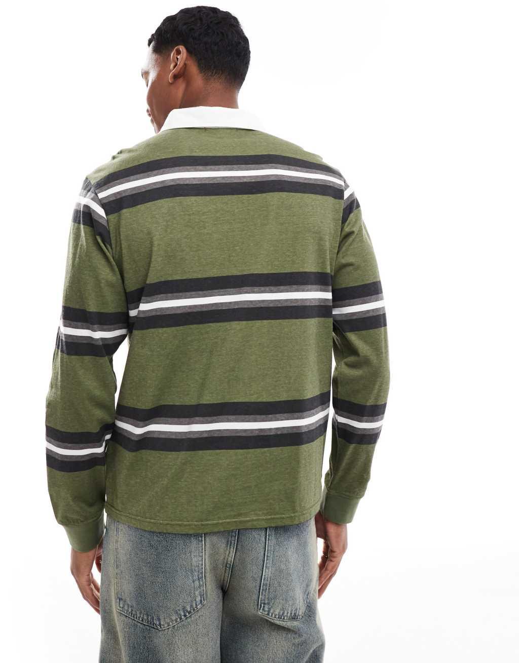 Another Influence striped long sleeve polo shirt in khaki Product Image