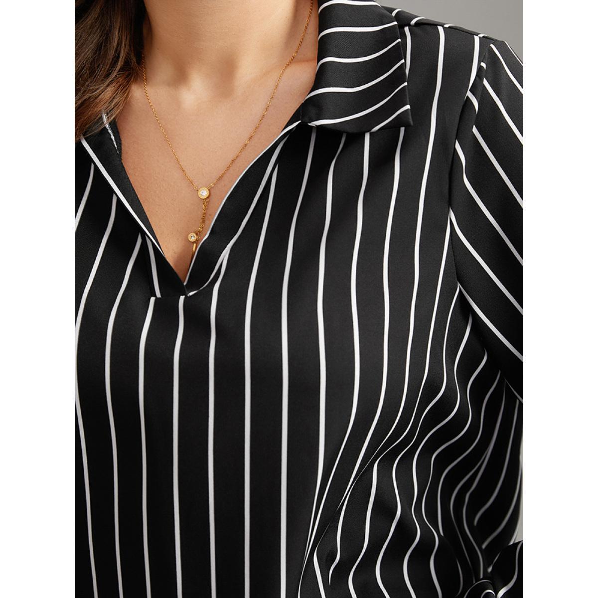 Plus Size Black Striped Shirt Collar Lantern Sleeve Blouse Women Office Long Sleeve Shirt collar Work Blouses BloomChic 28/5X Product Image