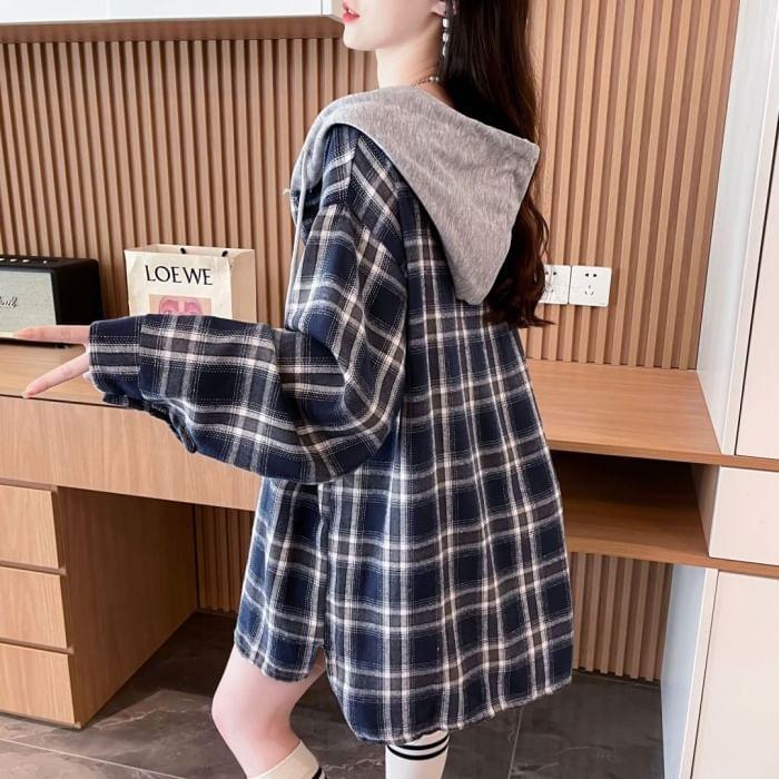 Plaid Drawstring Hooded Pocket Detail Button Jacket Product Image