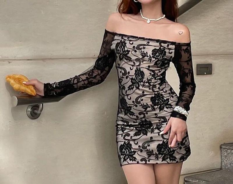 Long-Sleeve Off-Shoulder Lace Mini Bodycon Dress Product Image